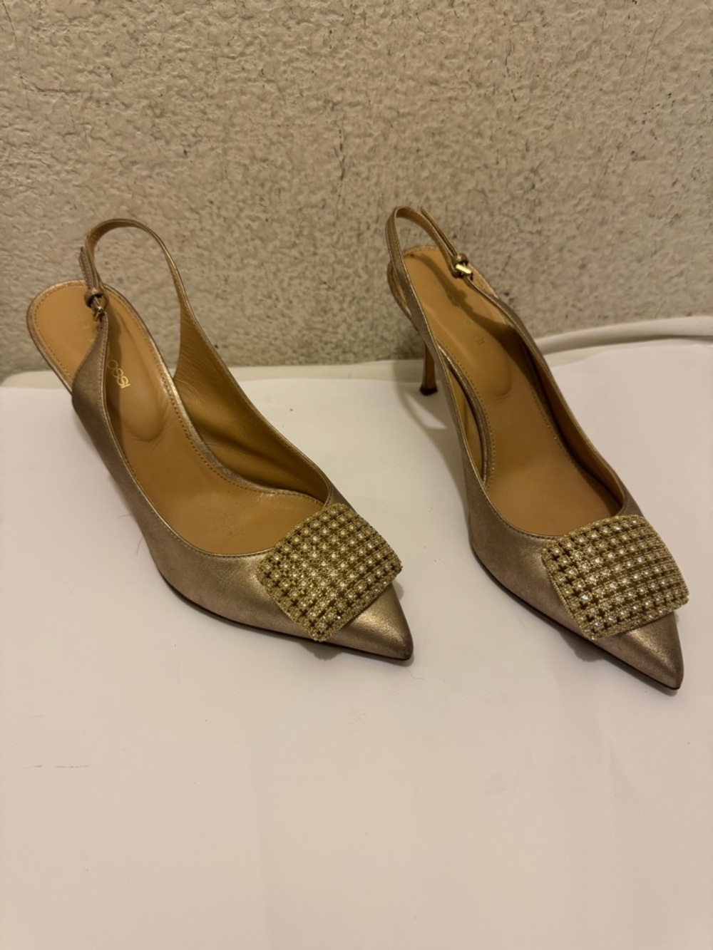 Sergio Rossi Metallic Gold Pointed Slingback Heels with Rhinestone Buckle